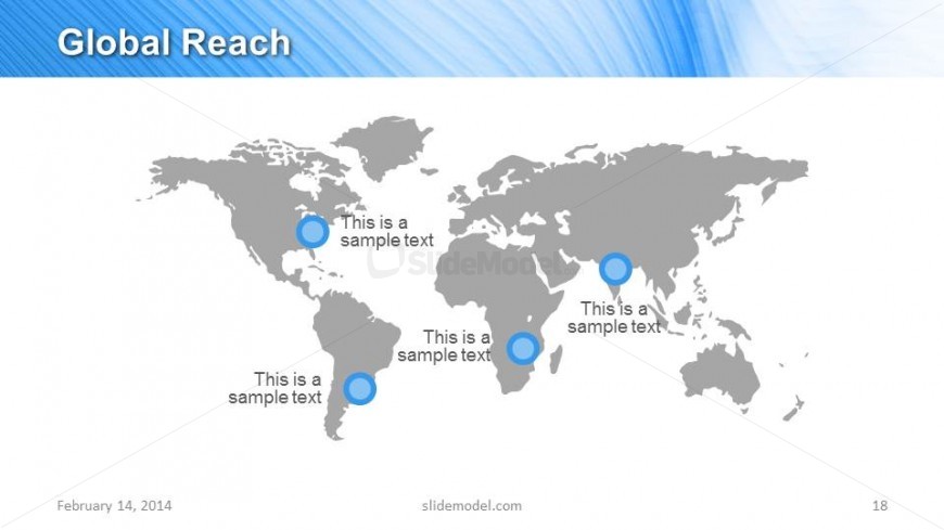 World Map PowerPoint slide design is a creative slide design for Marketing PowerPoint presentations that you can use to describe your global reach. This world map slide design was created with PowerPoint shapes and contains location markers that you can edit and move to any desired position.
