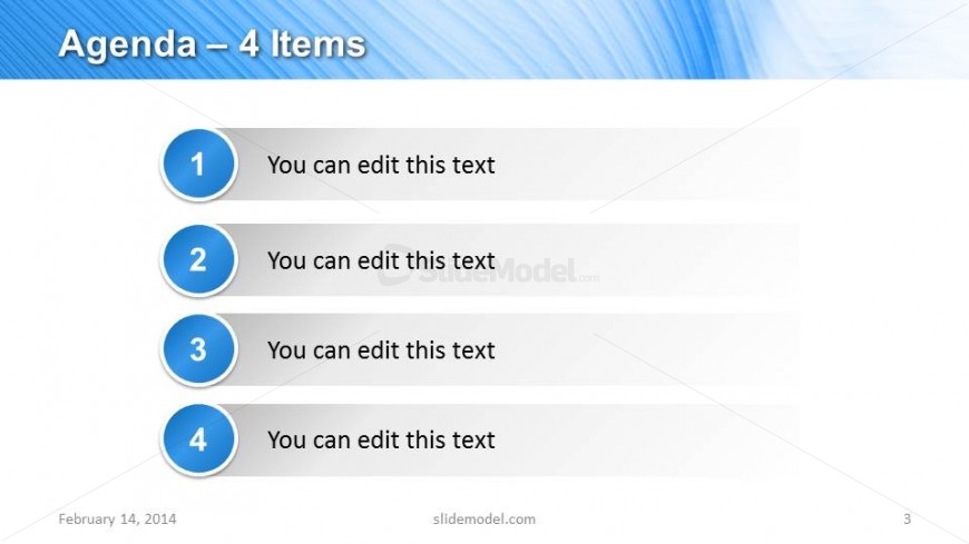 4 Items Agenda slide design for PowerPoint presentations that you can use to describe your Marketing Plan presentations including topics like Planning, Execute, Review & Control.