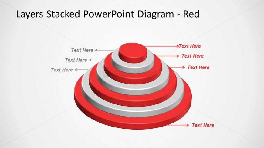 Stacked diagram for PowerPoint with red levels that you can use to represent a business concept or multi-level or hierarchical idea. This diagram design contains a circular base stacked diagram with 8 levels.