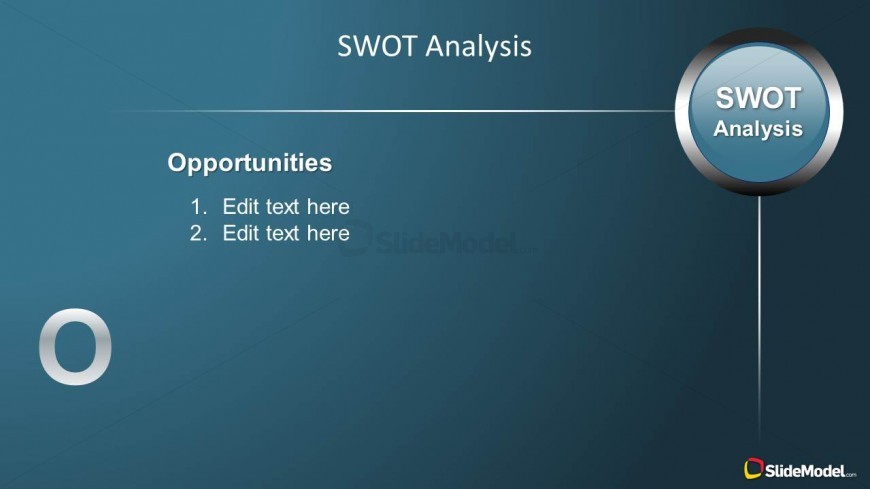 Opportunities slide design with numbered list to add detailed information about the opportunities in a SWOT Analysis PowerPoint presentation.