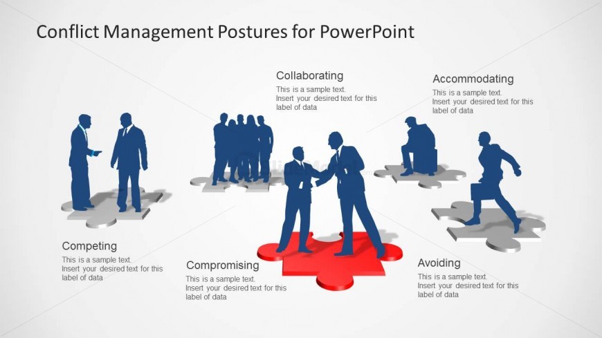 This slide design contains editable silhouettes for PowerPoint presentations that can be used for presentations on Conflict Management. The postures in this PowerPoint template contains people handshaking pictures, a business man running, business men talking and group discussion as well as other business gestures and situations.