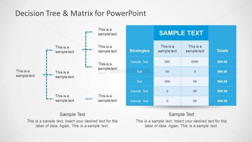 This is an example of slide design that you can find in the decision tree template for PowerPoint with decision matrix.