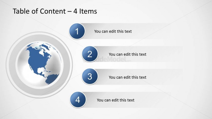 Agenda slide design for PowerPoint presentations with space for four items and a globe illustration in the slide design.