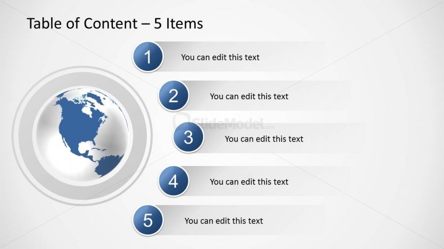 This is a creative agenda slide design with space for 5 items that you can use to prepare a table of content in your PowerPoint presentation.
