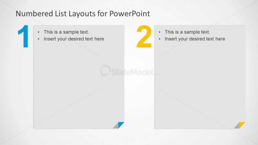 Slide layout for PowerPoint with space to add two items in a PowerPoint slide design and includes numbers.