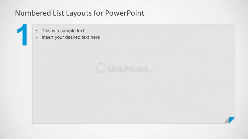 Slide design for PowerPoint showing the number 1 and space to add content and slide doc.