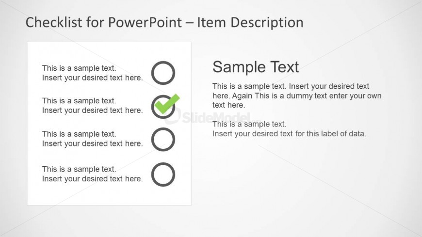 Simple checklist slide design for PowerPoint with check mark in the second item.