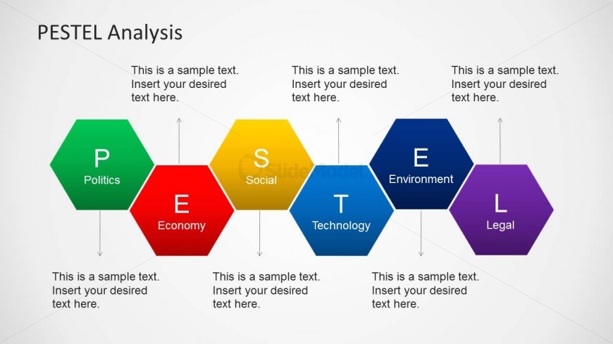 This Hexagons Diagram Slide Design for PowerPoint is a presentation design containing an alternating hexagons diagram for PowerPoint presentations on PESTEL analysis.