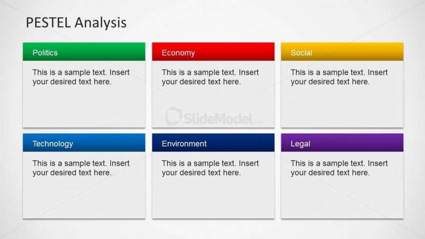 6 PESTEL Component Slide Design for PowerPoint is a presentation slide design containing a layout of six components present in a PESTEL Analysis like the Politics, Economics, Social, Technology, Environment and Legal elements.