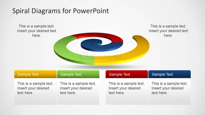 Spiral diagram design for PowerPoint presentations with colorful segments that you can use in software development and available with four blocks of text.