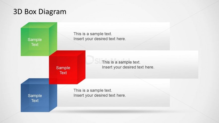 Three colorful boxes in a PowerPoint slide design with text boxes and creative layout (red, green and blue boxes).
