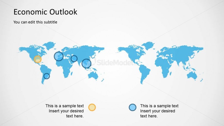 Two world maps in PowerPoint presentation template ready to be used in business presentations.