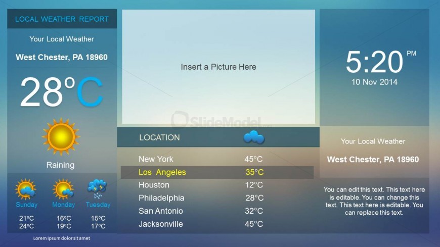 Weather dashboard created in PowerPoint presentations to make presentations on weather reports. This weather PowerPoint template contains placeholders where you can use your own pictures as well as placing the time and date.